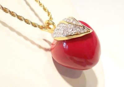 Kenneth J Lane KJL Red Apple Enamel Crystal Pendant Necklace