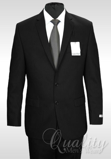 Calvin Klein Mens Suit Solid Black Modern Fit 2 Button Wool 44 Regular