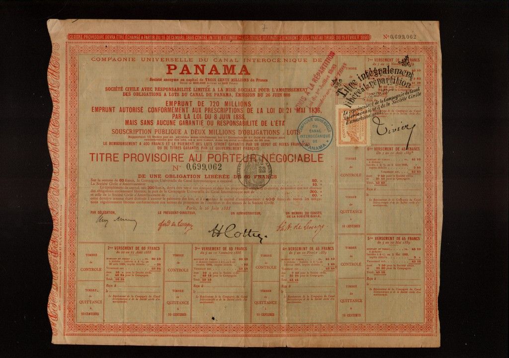 Canal Bond DD 1888 Ferd de Lesseps with 1 Tax Revenue Stamp
