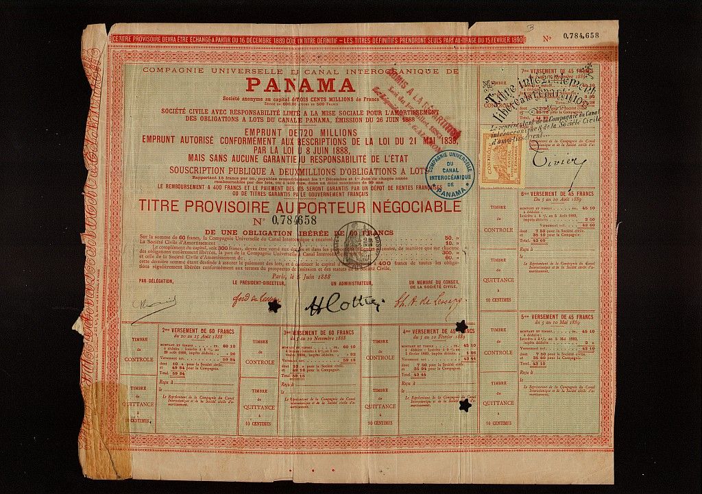Canal Bond DD 1888 Ferd de Lesseps with 1 Tax Revenue Stamp