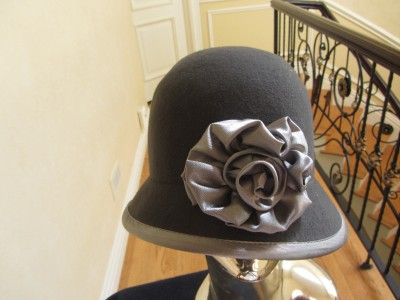 Ladies Womans Charcoal Gray Cloche Bucket Felt Hat w Satin Bow and
