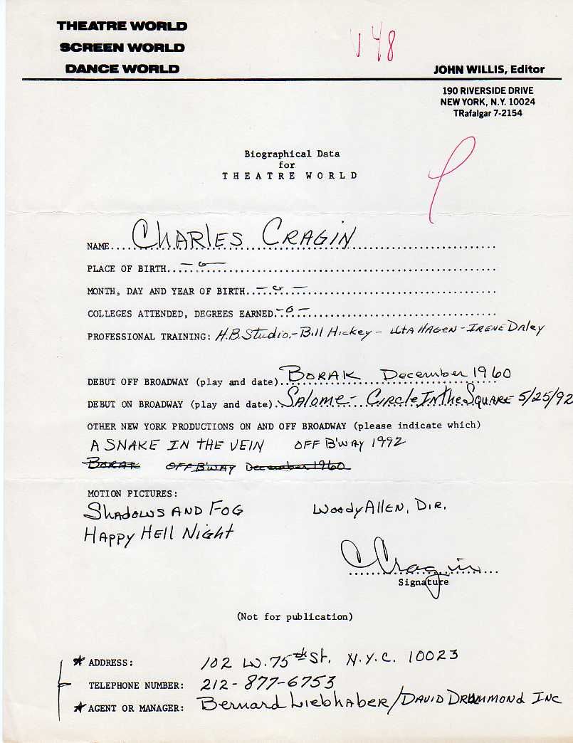 Shadows Fog Actor Charles Cragin Signed Theatre World Biography Form