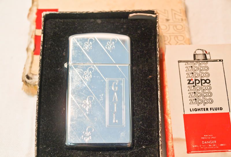 Vintage Zippo Slim Lighter EngravedGail with Original Box Silver