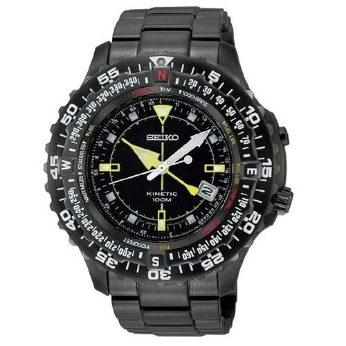 Seiko SKA425P2 Mens Kinetic Compass Black Watch Water Resistant Date