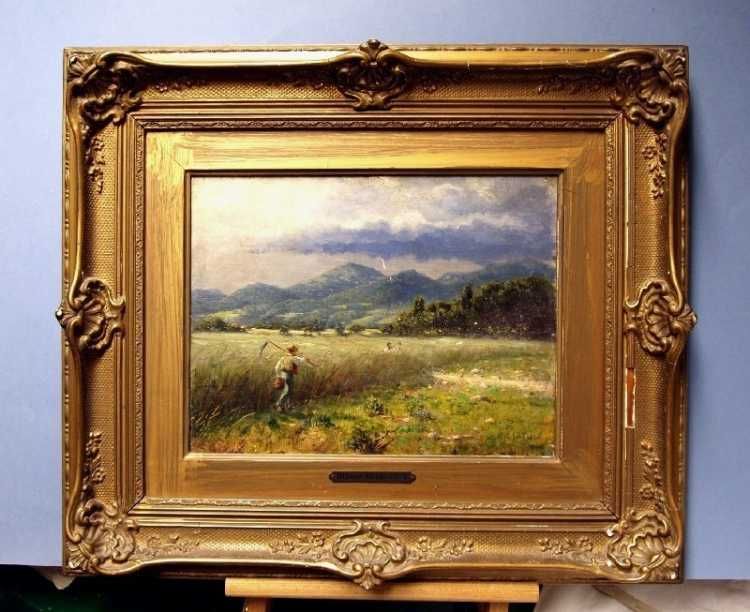 Ölgemälde, Ottmar Hendschel (1845 nach 1921), Landschaft mit Mähern