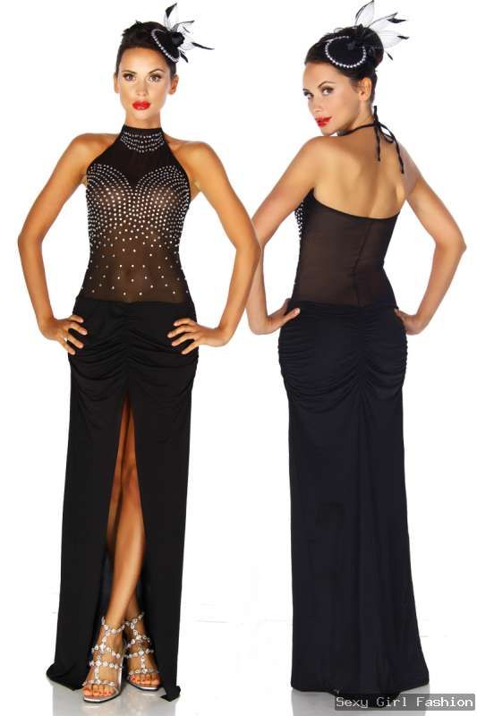 Gogo Style maxi langes elegantes transparentes Netz Kleid mit Strass